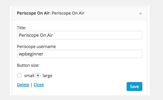 Periscope WordPress widget settings