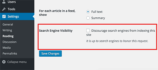 WordPress 设置中的搜索引擎可见性选项