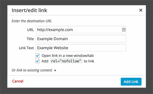 Title and NoFollow Fields in the Insert Link popup