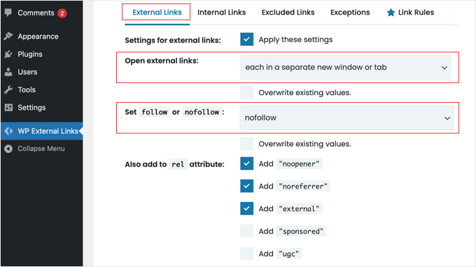 WP External Links Plugin Settings WP External Links Plugin Settings