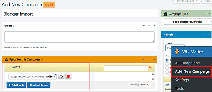 Add blogger feed URL in WPeMatico