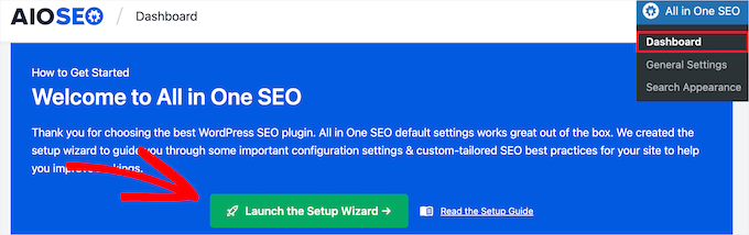 AIOSEO dashboard launch setup wizard