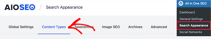 Go to AIOSEO search appearance and click content types