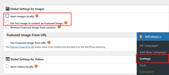 Configure global settings in WPeMatico