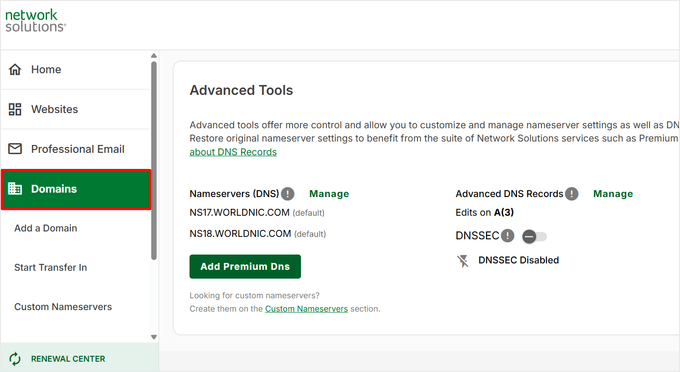 Configurações de DNS da Network Solutions