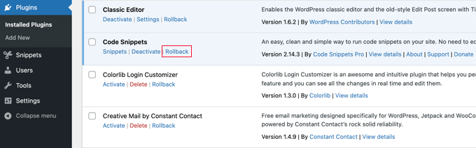 The Plugins Page Now Has a New Rollback Link