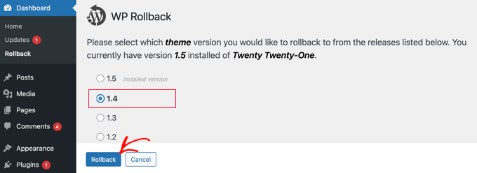 Select the Version You Wish to Rollback To
