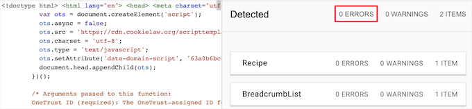 Schema markup test results