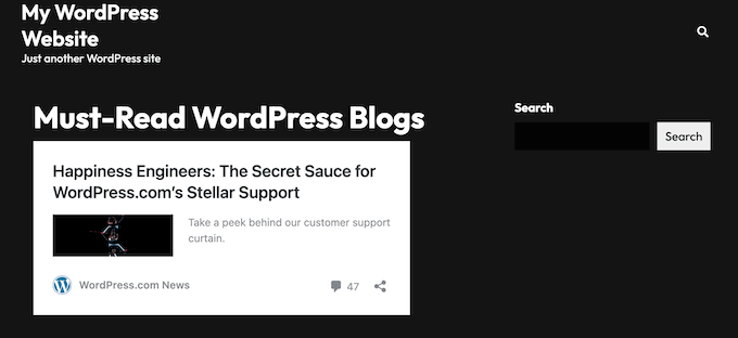 An example of a WordPress blog, embedded using the WordPress URL block