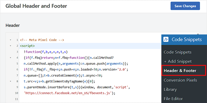 Add Meta Pixel code in header