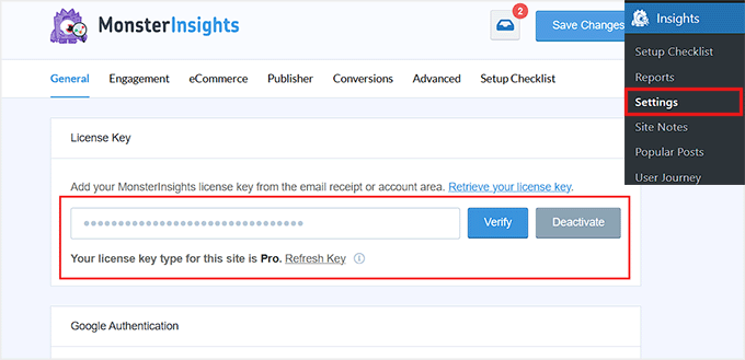 Add MonsterInsights license key