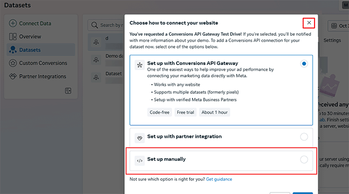 Choose Set Up Manually as pixel connection type