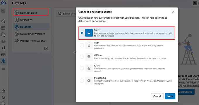 Choose web as the data source in Meta