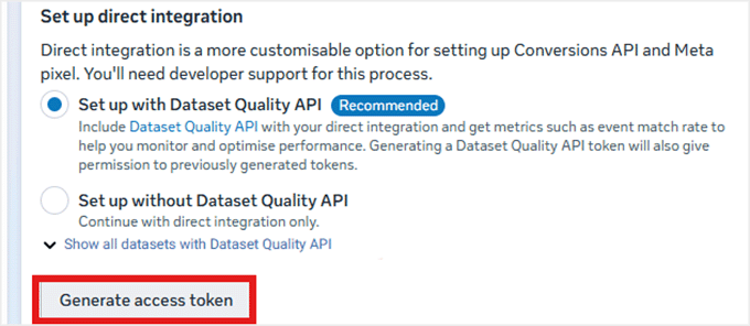 Click the Generate Access Token button from your Conversions API