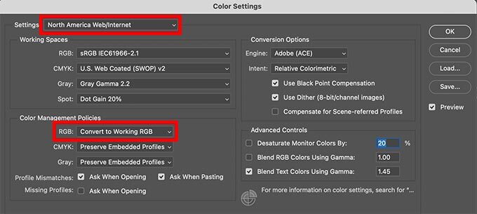 Color settings in Photoshop