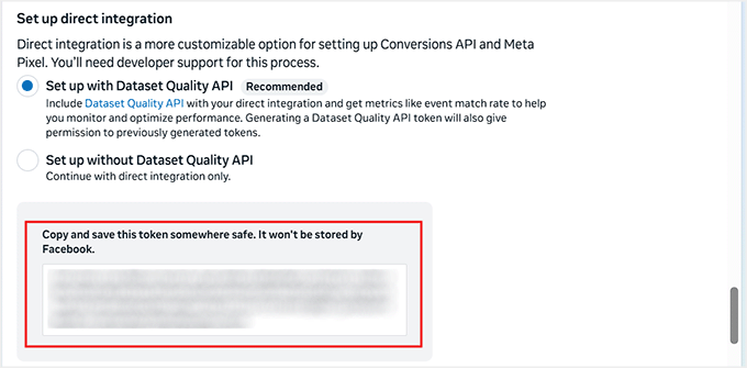 Copy Conversions API token from Meta