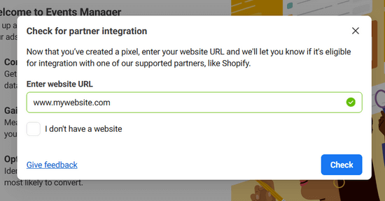 Enter your website URL to create Facebook Meta pixel