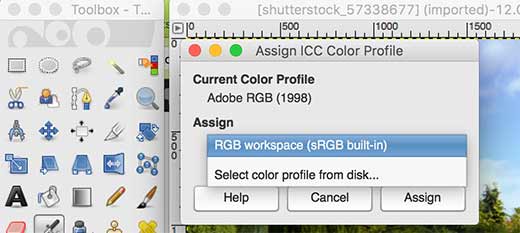 Assign color profile in GIMP