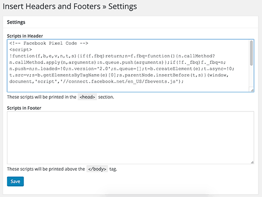 Adding Facebook pixel code using insert headers and footers plugin in WordPress