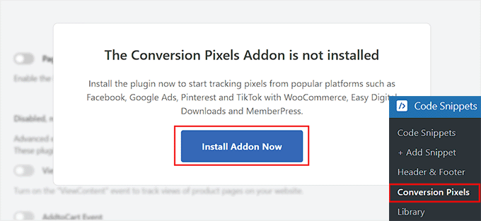 Install the Conversion Pixels addon in WPCode