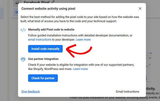 选择手动安装 Facebook Meta 像素代码的选项