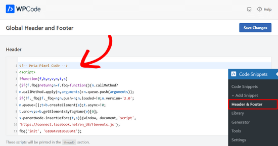 Paste Facebook Pixel in WPCode header box