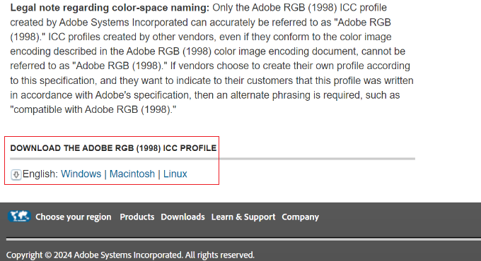Select operating system for adobe RGB