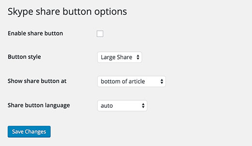 Skype share button settings page