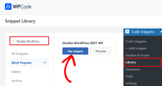 在 WPCode 中选择禁用 WordPress REST API