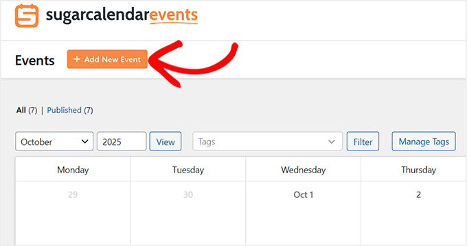 Click the Add New Event button in Sugar Calendar Click the Add New Event button in Sugar Calendar