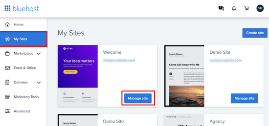 Click on Manage Site button from the Bluehost dashboard