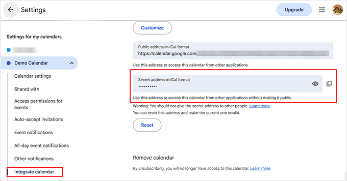 Copy secret address in iCal format in Google Calendar Copy secret address in iCal format in Google Calendar