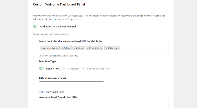 WebHostingExhibit custom-welcome-dashboard-panel-settings How to White Label Your WordPress Admin Dashboard  