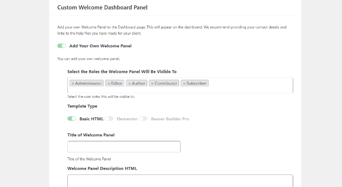 Custom welcome dashboard panel settings