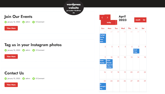 A Google Calendar, embedded in a WordPress sidebar