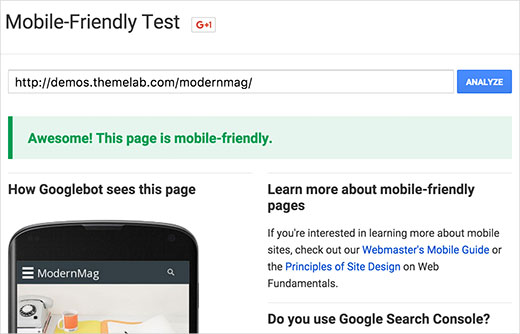 Probando un tema receptivo contra Google Mobile Friendly Test