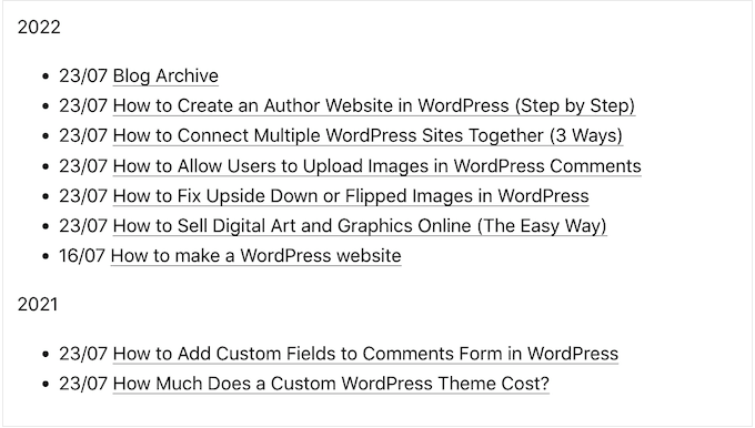 Showing a list of WordPress posts organized by years