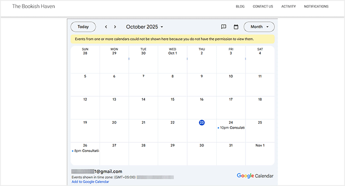 Preview of Google Calendar added with the custom HTML block Preview of Google Calendar added with the custom HTML block