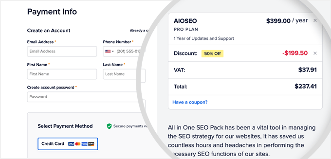 AIOSEO チェックアウトと注文概要