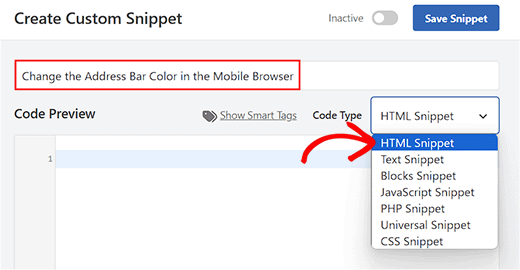 Choose HTML Snippet option to change the address bar color in mobile browsers