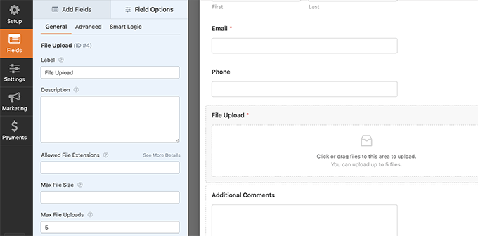 Configurações de upload de arquivos