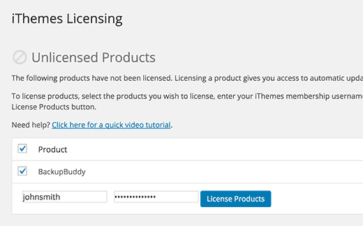 iThemes licensing page