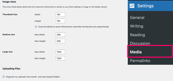 Configurações de mídia no WordPress