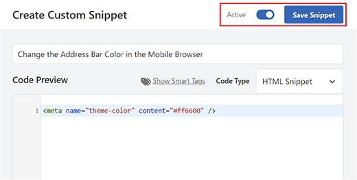 Save the code snippet for changing the address bar color in the mobile browser
