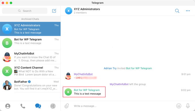 测试消息已成功发布到 Telegram