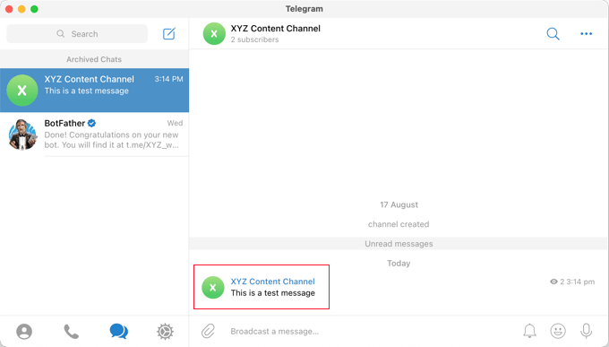 确保测试消息已成功发布在 Telegram 中