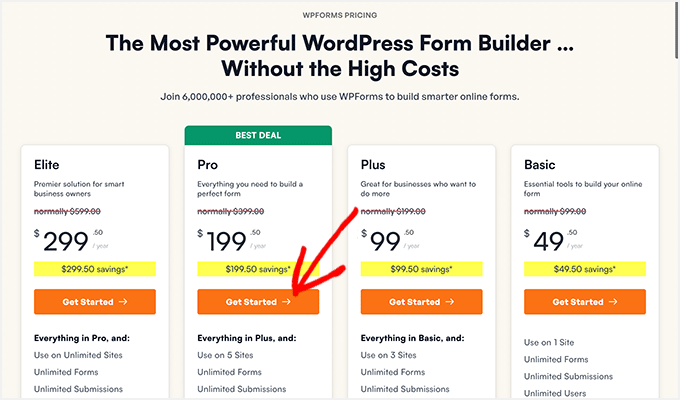 WPForms pricing page with coupon applied WPForms pricing plans