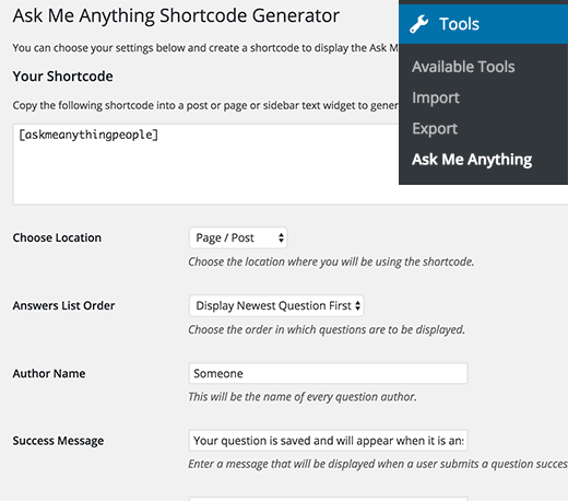 Ask me anything shortcode settings