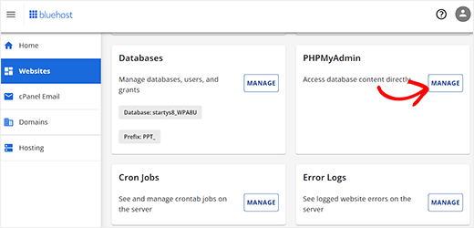 Click the Manage button next to the PHPMyAdmin section 