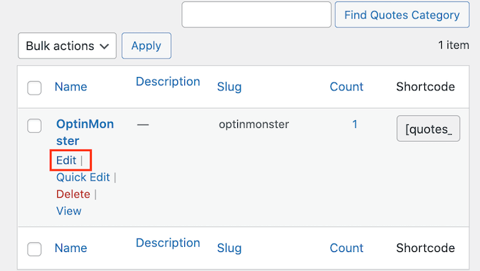 Editing a quote category in the WordPress dashboard